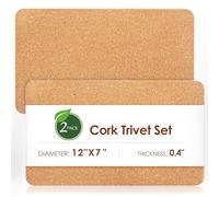Rectangle Cork Trivets for Hot Dishes, 12" x 7" High-Density Thick Placemats for Pots and Pans, Heat Resistant Hot Pads for Kitchen Countertop Table, 2 Pcs