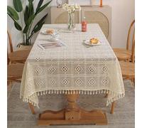 Rectangle Crochet Lace Tablecloth, Hollow Ivory Lace Table Cover with Tassels, Vintage Country Cotton Blend Lace Overlay Table Cloth for Tea Coffee Dining Table, Party Wedding Banquet, 55"x98"