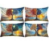 Rectangle Cushion Covers, 14x28 Inch Set of 4, Four Seasons Tree Print Pattern Lumbar Decorative Throw Pillowcases Farmhouse Linen Rectangle Pillow Covers Spring Summer Sofa Bed Room Home Decor o-810