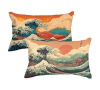 Rectangle Cushion Covers 15.7x27.5inch Set of 2, Japan Pillow Cases with Lnvisible Zipper, Ocean Waves Cushions Covers Velvet Double Sided Decorative Throw Pillow for Outdoor Furniture Couch,Model135