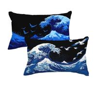 Rectangle Cushion Covers 19.7x29.5inch Set of 2, Blue Pillow Cases with Lnvisible Zipper, Ocean Waves Cushions Covers Velvet Double Sided Decorative Throw Pillow for Outdoor Furniture Couch,Model9