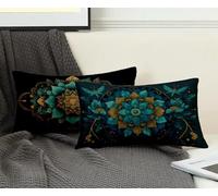 Rectangle Cushion Covers Navy Blue Cushion Covers 16" x 24" Set of 2, Waterproof Linen Throw Pillow Mandala Pattern Design with Invisible Zipper Home Accessories Sofa Pillows for Home Decor -ly2508KH