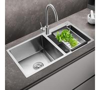 Rectangle Kitchen Sink, Stainless Steel Sink Bowl with Drainage Filters and Drain Basket, Double Bowl Design, Large Capacity, Free Strainer Waste, Silver (78 x 43cm) (Style 1)