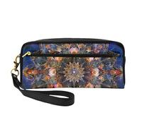 Rectangle Mandala Art Printed Leather Makeup Bags with Wrist Strap Portable Travel Toiletry Bag Cosmetic Organizer Bag for Women