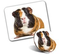 Rectangle Mouse Mat & Round Coaster Set - Brown & White Guinea Pig 20 cm & 9 cm for Computer & Laptop, Office, Gift, Non-slip Base #44461