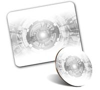 Rectangle Mouse Mat & Round Coaster Set - BW - Computer Technology Concept Eye 20 cm & 9 cm for Computer & Laptop, Office, Gift, Non-slip Base #42441