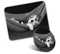 Rectangle Mouse Mat & Round Coaster Set - BW - Cute Sleeping Beagle Puppy Dogs Pets 20 cm & 9 cm for Computer & Laptop, Office, Gift, Non-slip Base #41114