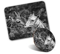 Rectangle Mouse Mat & Round Coaster Set - BW - Mother Baby Giraffe Animals 20 cm & 9 cm for Computer & Laptop, Office, Gift, Non-slip Base #36504
