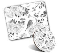 Rectangle Mouse Mat & Round Coaster Set - BW - Pretty Robin Bird Rose Flower 20 cm & 9 cm for Computer & Laptop, Office, Gift, Non-slip Base #36837