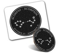Rectangle Mouse Mat & Round Coaster Set - BW - Scorpio Constellation Stars Horoscope 20 cm & 9 cm for Computer & Laptop, Office, Gift, Non-slip Base #40738