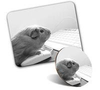 Rectangle Mouse Mat & Round Coaster Set - Computer Geek Guinea Pig Pet 20 cm & 9 cm for Computer & Laptop, Office, Gift, Non-slip Base #44696