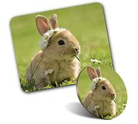 Rectangle Mouse Mat & Round Coaster Set - Daisy Chain Baby Bunny Rabbit 20 cm & 9 cm for Computer & Laptop, Office, Gift, Non-slip Base #15575