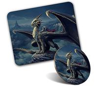 Rectangle Mouse Mat & Round Coaster Set - Dragon Knight Fantasy World Gamer 20 cm & 9 cm for Computer & Laptop, Office, Gift, Non-slip Base #44901