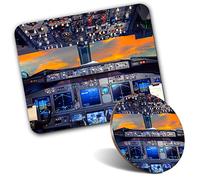 Rectangle Mouse Mat & Round Coaster Set - Flight Deck Aeroplane Cockpit Pilot 20 cm & 9 cm for Computer & Laptop, Office, Gift, Non-slip Base #16297