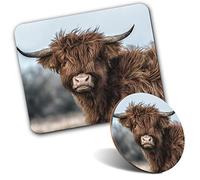 Rectangle Mouse Mat & Round Coaster Set - Fluffy Brown Highland Cow Scotland 20 cm & 9 cm for Computer & Laptop, Office, Gift, Non-slip Base #16296