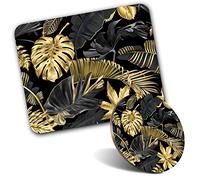 Rectangle Mouse Mat & Round Coaster Set - Gold & Black Tropical Leaf Print 20 cm & 9 cm for Computer & Laptop, Office, Gift, Non-slip Base #24546