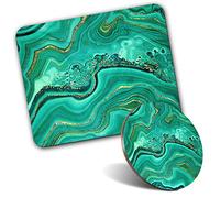 Rectangle Mouse Mat & Round Coaster Set - Green Agate Marble Effect Ink Art 20 cm & 9 cm for Computer & Laptop, Office, Gift, Non-slip Base #21830