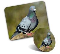 Rectangle Mouse Mat & Round Coaster Set - Grey Wood Pigeon Bird 20 cm & 9 cm for Computer & Laptop, Office, Gift, Non-slip Base #15752