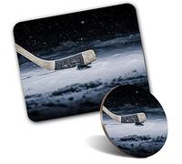 Rectangle Mouse Mat & Round Coaster Set - Hockey Stick & Puck Ice Rink 20 cm & 9 cm for Computer & Laptop, Office, Gift, Non-slip Base #3352