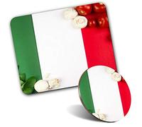 Rectangle Mouse Mat & Round Coaster Set - Italian Flag Food Italy 20 cm & 9 cm for Computer & Laptop, Office, Gift, Non-slip Base #3905