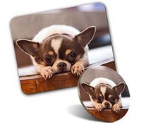 Rectangle Mouse Mat & Round Coaster Set - Little Chihuahua Dog Puppy 20 cm & 9 cm for Computer & Laptop, Office, Gift, Non-slip Base #21340