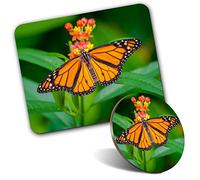 Rectangle Mouse Mat & Round Coaster Set - Orange Monarch Butterfly Danaus Plexippus 20 cm & 9 cm for Computer & Laptop, Office, Gift, Non-slip Base #45945
