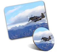 Rectangle Mouse Mat & Round Coaster Set - P-51D Mustang Retro Airplane 20 cm & 9 cm for Computer & Laptop, Office, Gift, Non-slip Base #3544