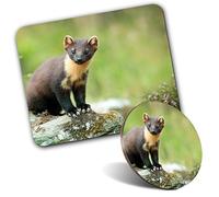 Rectangle Mouse Mat & Round Coaster Set - Pine Marten Scotland Wild Animal 20 cm & 9 cm for Computer & Laptop, Office, Gift, Non-slip Base #46042