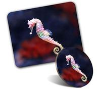 Rectangle Mouse Mat & Round Coaster Set - Pink Seahorse Fish Ocean 20 cm & 9 cm for Computer & Laptop, Office, Gift, Non-slip Base #15882