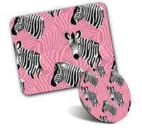 Rectangle Mouse Mat & Round Coaster Set - Pink Zebra Print Animal Head 20 cm & 9 cm for Computer & Laptop, Office, Gift, Non-slip Base #15786