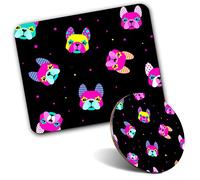 Rectangle Mouse Mat & Round Coaster Set - Pop Art Boston Terrier Dogs Neon Puppy 20 cm & 9 cm for Computer & Laptop, Office, Gift, Non-slip Base #46152