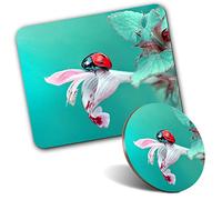 Rectangle Mouse Mat & Round Coaster Set - Pretty Ladybird Flower Ladybug Bug 20 cm & 9 cm for Computer & Laptop, Office, Gift, Non-slip Base #13164