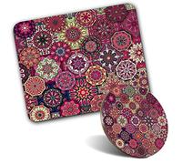 Rectangle Mouse Mat & Round Coaster Set - Purple Mandala Vintage Indian 20 cm & 9 cm for Computer & Laptop, Office, Gift, Non-slip Base #15503
