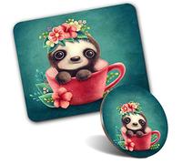 Rectangle Mouse Mat & Round Coaster Set - Teacup Sloth Cartoon Sloths Cute Animal 20 cm & 9 cm for Computer & Laptop, Office, Gift, Non-slip Base #46346