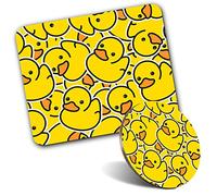 Rectangle Mouse Mat & Round Coaster Set - Yellow Rubber Ducks Duckling 20 cm & 9 cm for Computer & Laptop, Office, Gift, Non-slip Base #2078
