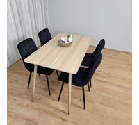 Rectangle Oak Effect Dining Table With 4 Black Velvet Tufted Chairs