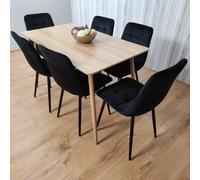 Rectangle Oak Effect Dining Table With 6 Black Velvet Tufted Chairs