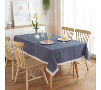 Rectangle Tablecloth 140x260 cm, Navy Blue Cotton Polyester with White Polka Dots & Lace Trim, Modern Dining Table Cover for Living Room, Elegant Home Decor