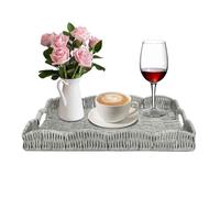 Rectangle Wicker Scalloped Tray, Hand Woven Synthetic Rattan Serving Tray with Handles, Coffee Table Decorative Tray Basket for Modern Boho Rustic Home Ornament or Organizing (Grey)