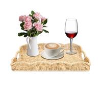 Rectangle Wicker Scalloped Tray, Hand Woven Synthetic Rattan Serving Tray with Handles, Coffee Table Decorative Tray Basket for Modern Boho Rustic Home Ornament or Organizing (Beige)