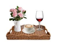 Rectangle Wicker Scalloped Tray, Hand Woven Synthetic Rattan Serving Tray with Handles, Coffee Table Decorative Tray Basket for Modern Boho Rustic Home Ornament or Organizing (Brown)