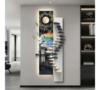 Rectangular 3D Wall Art Decoration with LED, Sandstone Decor Wall Art Painting with Vase and Artificial Plant, for Home, Restaurant, Hotel(Black B,44x120cm/17.3x47.2in)