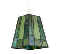 Rectangular Art Deco Styled Tiffany Stained Glass Pendant Light Shade with Emerald and Green Toned Panels | 13cm x 10cm | 40w Maximum by Happy Homewares