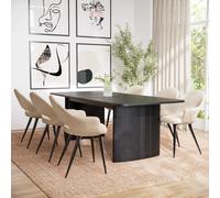 Rectangular Black Oak Extendable Dining Table Set with 6 Beige Upholstered Chairs - Seats 6 - Jarel