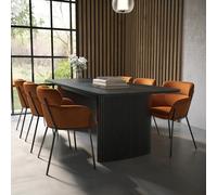 Rectangular Black Oak Extendable Dining Table Set with 6 Burnt Orange Velvet Chairs - Seats 6 - Jarel