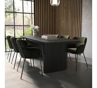 Black Oak Extendable Dining Table Set with 6 Cream and Black Jacquard Chairs - Seats 6 - Jarel