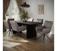 Rectangular Black Oak Extendable Dining Table Set with 6 Real Leather Mink Swivel Chairs - Seats 6 - Wave