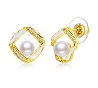 Rectangular Border Cubic Zirconia Pearl Stud Earrings for Women - Jewelry Gift