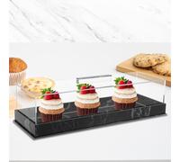 Rectangular Cake Tray with Clear Lid Acrylic Rectangle Cake Stand Marbleized Bakery Display Case 35.5×12.7×9cm Reusable Dessert Serving Tray Pastry Display Cabinet for Party Wedding Birthday (Black)