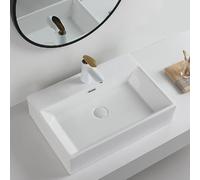 Rectangular Ceramic Bathroom Vessel Sink, Easy to Clean, Scratch Resistant Large Wash Basin with Faucet Console Sinks for Hotel Balconies(60x42x15cm)
